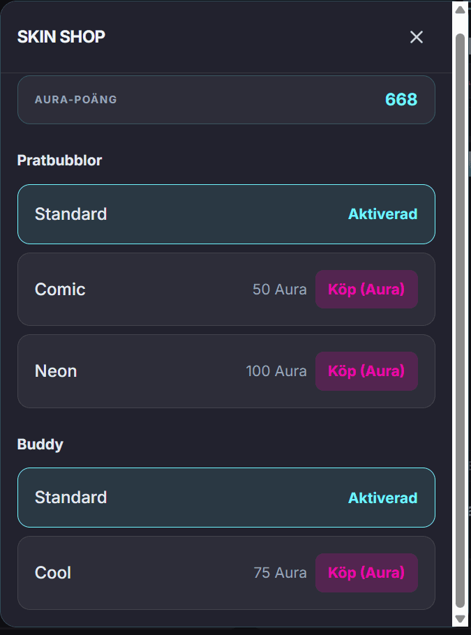 Skin shop i MatteMästaren – köp pratbubblor och Buddys med Aura-poäng