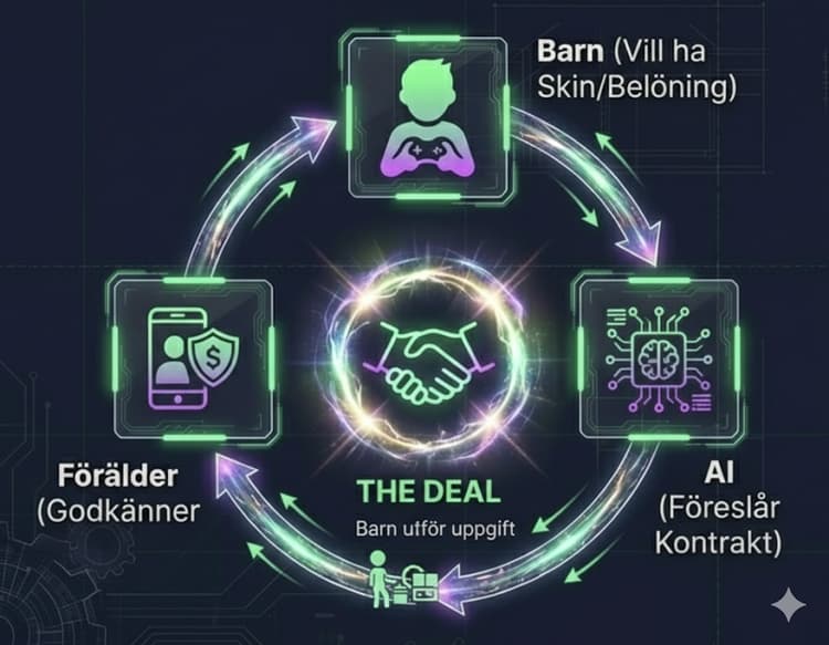 The Deal – Barn vill ha skin/belöning, AI föreslår kontrakt, barn utför uppgift, förälder godkänner